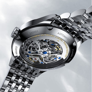 AGELOCER Original Schwarzwald Series Engraved Skeleton Men Automatic Mechanical Watch with Stainless Steel