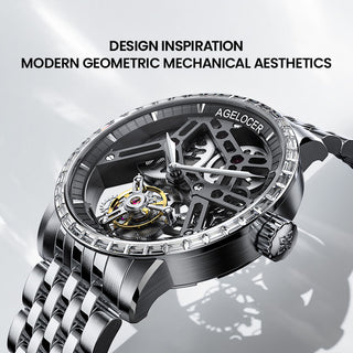 AGELOCER Original Skeleton Free-sprung Balance Flying Tourbillon Mechanical Watch Steel Strap-Zircon Version