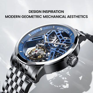 AGELOCER Original Hollow Blue Free-sprung Balance Flying Tourbillon Mechanical Watches Men Manual Winding Casual Stainless Steel