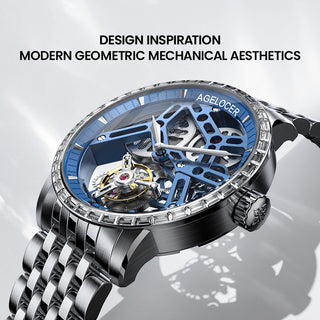 AGELOCER Original Skeleton Free-sprung Flying Tourbillon Mechanical Watch Steel Strap-Zircon Version