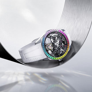 AGELOCER Original Manual Winding Flying Tourbillon Watch Men Skeleton Wathces-Rainbow Bezel